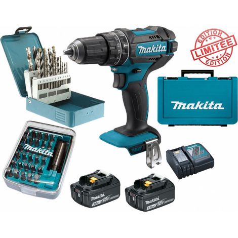 Makita – Perceuse visseuse à percussion 18V 62Nm – 2 batteries 3Ah – Couple 62Nm – Coffret 30 embouts et 18 forets pour bois, acier, béton (1/4)