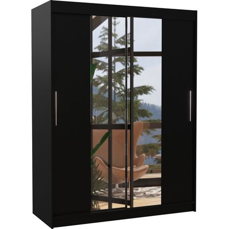 Armoire de chambre 2 portes coulissantes bois noir et miroir Linoa 150cm
