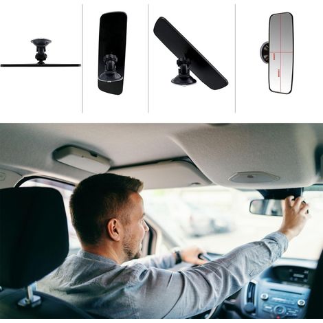 Rétroviseur intérieur voiture 200×60 mm avec fixation ventouse, miroir réglable pour conduite et sécurité route (1/3)