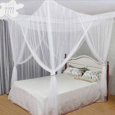 1 Moustiquaire de lit, 4 portes, polyester blanc, 190x210x240cm, suspension par œillets, pour chambre et camping (1/5)
