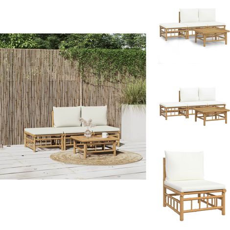 4-tlg. Garten-Lounge-Set mit Cremeweißen Kissen Bambus - Bambus Möbel - Gartenloungeset - Outdoor Möbel - Gartenmöbel - Esstisch (1/5)
