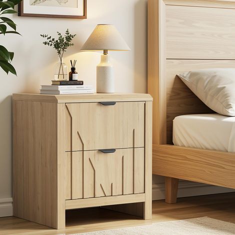 Table de chevet 48x40x55.5 cm avec 2 tiroirs de rangement pour chambre à coucher style scandinave mid-century modern en bois mdf et poignées en métal - Chêne (1/5)