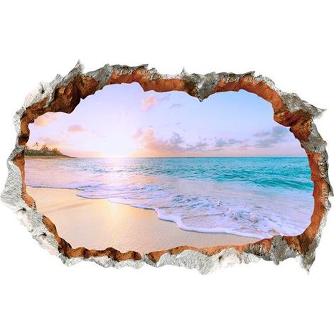 Autocollant mural 3D ÎLE DE VACANCES (60x40 cm) I adhésif paysage plage mer océan palmier I déco salon chambre cuisine couloir porte entrée adulte (1/5)