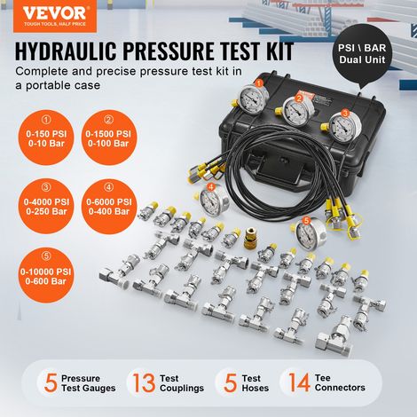 Kit de Test de Pression Hydraulique, 10/100/250/400/600 bars, 5 Manomètres, 13 Raccords, 14 Connecteurs en T, 5 Tuyaux, Jauge avec Étui de Transport pour Excavatrices Machines de Construction (1/5)
