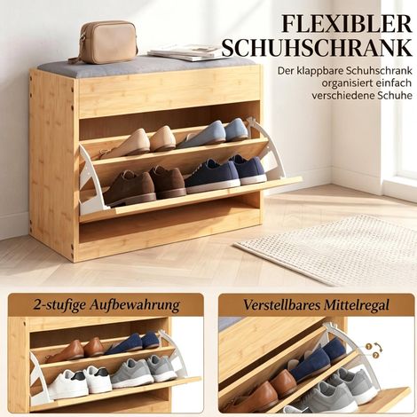 Banc à chaussures d'entrée 63x29x48 cm en bambou naturel avec coussin, gain de place – MEUBLIV (1/5)