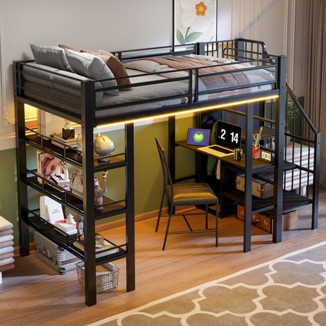 Lit mezzanine 90x200 cm noir en métal avec bureau, étagères, armoire et échelle réversible (1/5)