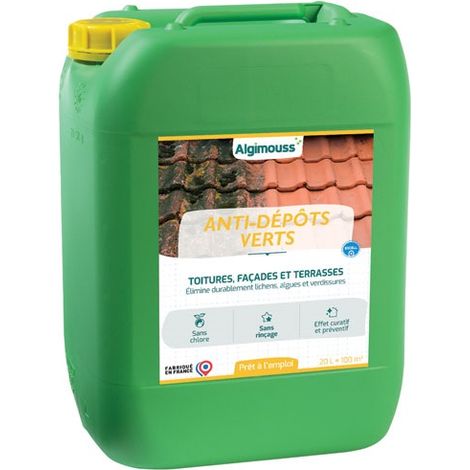 Algimouss Anti-dépôts Verts 20l – Traitement curatif et préventif contre mousses et lichens – Application sans rinçage pour toitures et façades
