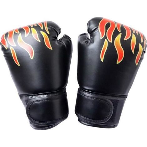 Le noir - Gants de boxe professionnels en cuir PU pour enfants, respirant, en flamme, pour entraînement, maté (1/4)