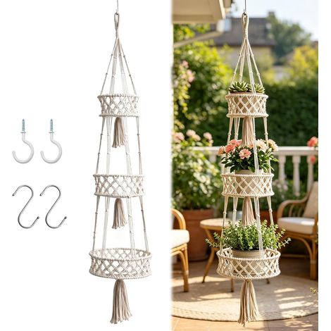 3 Niveaux Macramé Pot Suspendu, Suspension Macramé pour Plante, Support Pots Suspendu pour Fleur avec Crochets, Coton Paniers Plantes à Suspendre, Décoration Maison Jardin Intérieur (1/5)