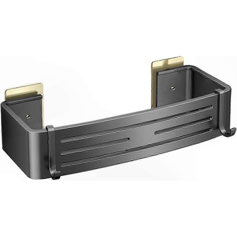 Étagère de salle de bain autocollante avec porte-serviettes et trou d'évacuation. Installation facile, sans perçage. Convient aux parois de douche. Noir A. (1/5)