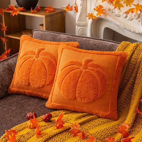 housses coussin décoratives citrouille en moelleux douce brodée en 3D pour décorations d'automne style ferme sans 45 x 45 cm lot de 2 Tissu (1/4)