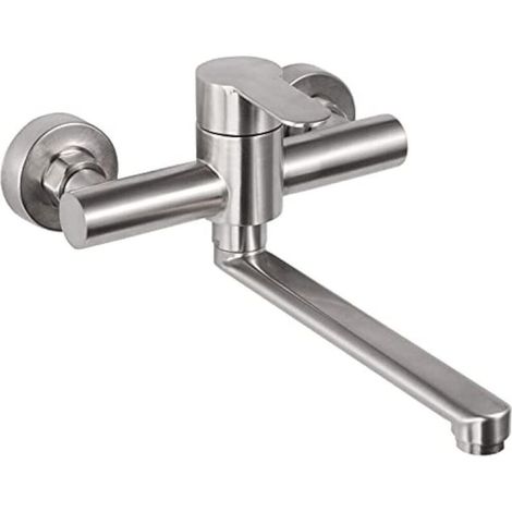 Wall Mounted Kitchen Faucet, Stainless Steel Wall Mounted Mixer Tap, 360° Swivel for Kitchen Sink, Hot and Cold Water, Adjustable Mounting Holes, 23cm Swivel Arm, Brushed (1/5)