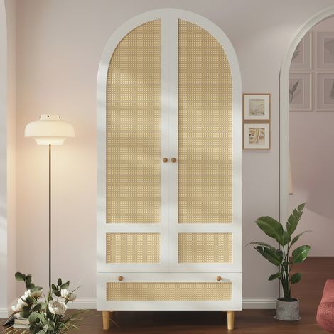 Armoire chambre 80x50x180 cm avec penderie, tiroir, portes arrondies effet rotin et rangement intérieur - Blanc (1/5)