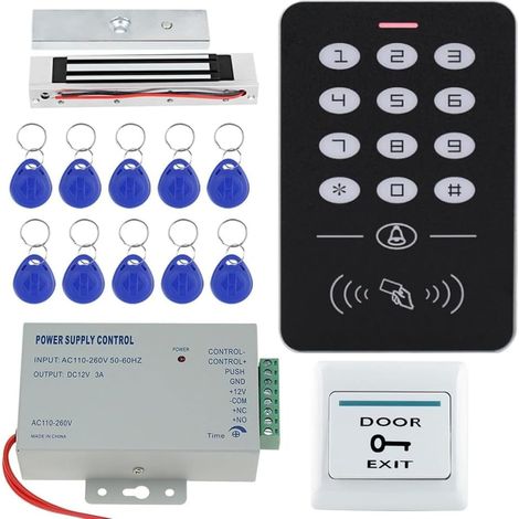 Kit complet de système de contrôle d'accès avec gâche électrique 180 kg, serrure de porte magnétique + clavier RFID 125 kHz + bloc d'alimentation + 10 porte-clés RFID (avec verrou de 180 kg) (1/5)