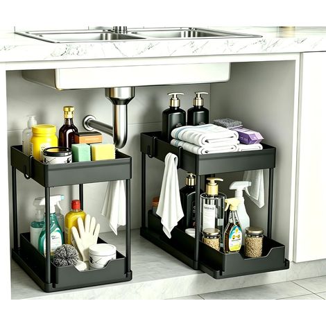 Lot de 2 Rangement sous Évier - Organisateur sous Evier Tiroir Coulissant à Extraction - Rangement Et Organisation De Cuisine - Panier de rangement multifonction pour salle de bain - Noir (1/5)