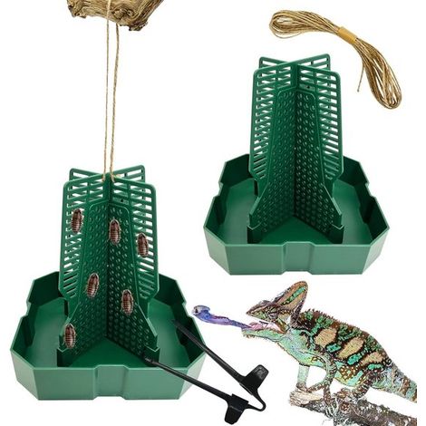 Comedero para camaleones de 2 piezas, Trepador, Con poste, Comedero grande de plástico para reptiles, geckos y ranas, Verde, 112x112x120 mm (1/5)