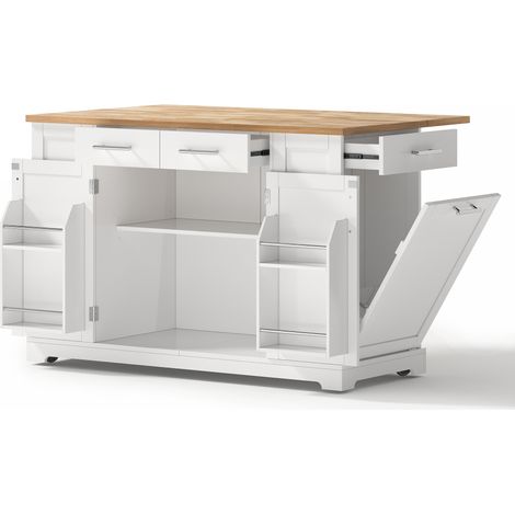 Isola cucina moderna 138 cm MDF bianco con piano ribaltabile, ruote e prese (1/5)