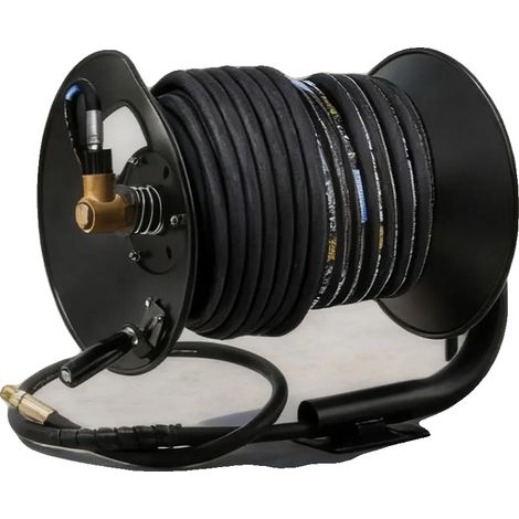 Enrouleur de tuyau de nettoyeur haute pression, construction en acier revêtu de poudre, capacité de tuyau de 45 mètres, dimensions 35 cm x 34 cm x 42 cm, connexion M22x1.5, mécanisme de verrouillage à (1/5)