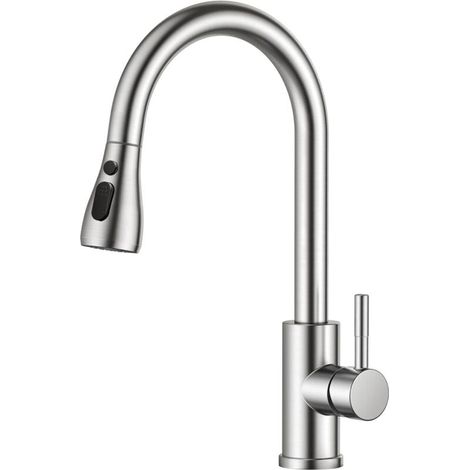 Robinet Cuisine, Mitigeur Cuisine, Pivotant à 360° d'Évier à Arc Élevé Pulvérisateur Escamotable 3 Modes, Acier Inoxydable (1/4)