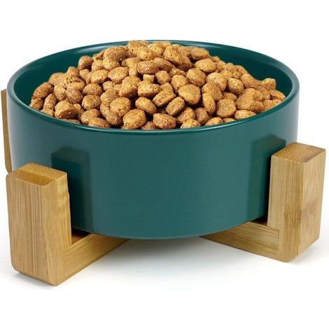 Gamelle Chat Céramique Aime Ecuelle Antidérapant Bol avec Support en Bambou pour Chien et Chat 400ML, Vert (1/5)