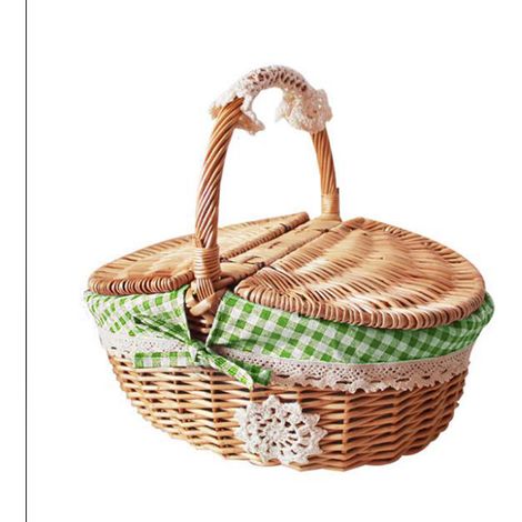 Panier de Pique-nique en Osier [Original Willow] 25x18x28cm avec Couverture et Poignée Ergonomique - Green/Blue/Red
