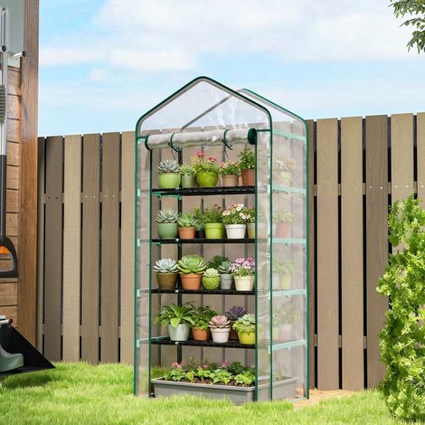 Serre de jardin PVC avec étagères 5 niveaux, serre de balcon, châssis en acier, porte zippée, 90x49x193cm, transparent (1/5)