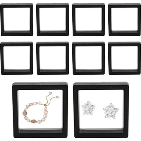 Set da 10 pezzi comprendente teche espositive 3D, scatole trasparenti per la conservazione, espositori per gioielli e cornici portafoto galleggianti. (1/4)