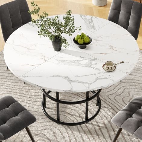 Ensemble de salle à manger 5 pièces : comprend quatre chaises de salle à manger et une table ronde  la table est dotée d'un plateau en MDF (panneau de fibres à densité moyenne) blanc, tandis que les c (1/5)