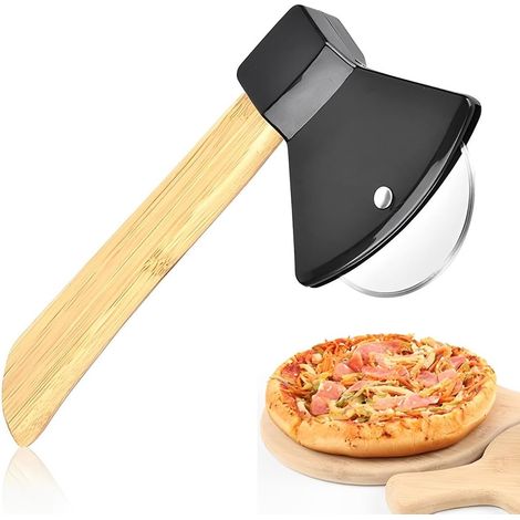 Pizzaschneider, Pizzamesser mit Edelstahlklinge, Küchenutensil mit ergonomischem Holzgriff, Fingerschutz, geeignet für Pizzaliebhaber (Schwarz) (1/5)