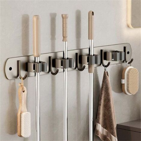 Support Mural pour Balai Sans Perçage - Range-Balai Suspendu avec 4 Clips et 5 Crochets, Gris Foncé, 53x4 cm, Pour Salle de Bain, Cuisine, Balcon (1/4)