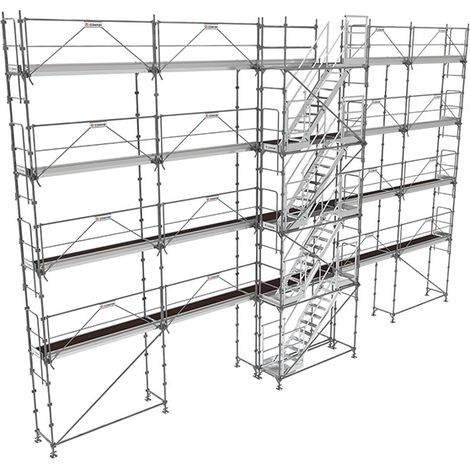 Tubesca Comabi – Échafaudage façadier 160 m² avec escaliers – Garde-corps monoblocs – Montage rapide – Charge maximale 600 kg/m² – Pour chantiers complexes
