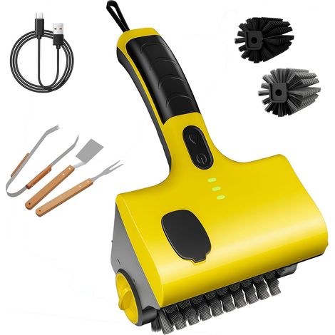 Cordless Electric Grill Brush BBQ Cleaner - Rechargeable 2600mAh Electric Cleaner with Nylon & Wire Brush Heads, 2 Rotating Speeds, Bristle-Free BBQ Tool