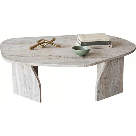 Couchtisch Lozza, Oval, Tischplatte aus Holzdekor, Platte Weiß, 100x60x35h cm, Marmoroptik Weiß