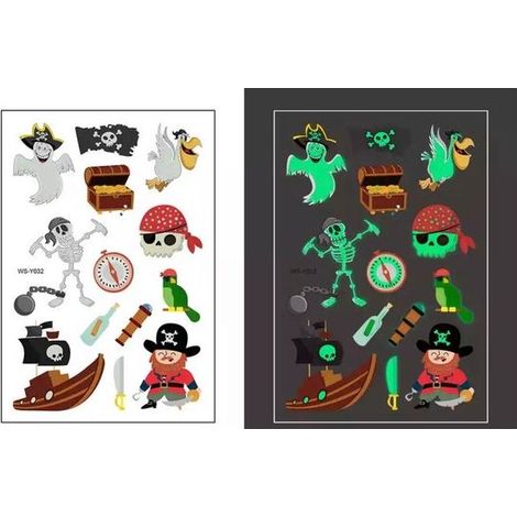 Lot de 2 feuilles d'autocollants phosphorescents pirates - Tatouages temporaires glow in the dark - Pour enfants - Accessoire de fête (1/4)