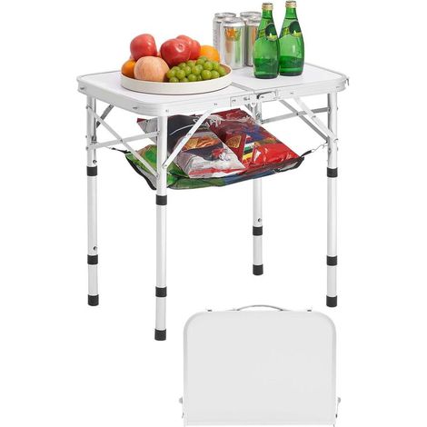 Table de Camping Pliante 60x40 cm Table d'Appoint Portable Aluminium MDF avec Poignée et Rangement Maille Argent (1/5)
