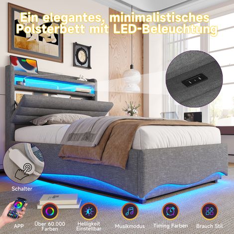 Lit gris en lin pour chambre, 90x200 cm, sommier sans matelas, équipé de bande lumineuse LED, système hydraulique, prises USB et Type-C, étagères latérales de rangement (1/4)
