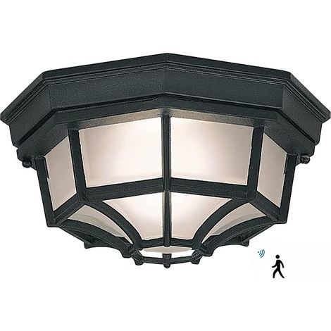 Plafonnier extérieur LED 12 W - Applique murale classique à détecteur de mouvement en métal noir et verre, idéale pour les espaces extérieurs nécessitant un éclairage puissant. (1/5)