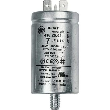 Condensateur de démarrage 7uF en aluminium – Tension 450V – Durée de vie 3000h – Compatible avec sèche-linge CANDY, WHIRLPOOL, INDESIT