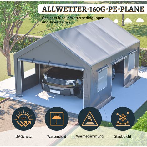 Abri de voiture 6x4x3 m en acier galvanisé avec toile PE résistante toutes saisons, fenêtres à enroulement, gris (1/5)