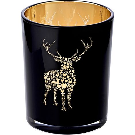 Photophore Lanterne en Verre pour Bougie Chauffe-Plat Motif Cerf Noir et Or H 18 x Ø 12 cm - PANGIVO (1/5)