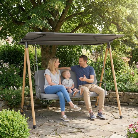 Altalena da giardino a 3 posti, altalena da esterno con tettuccio regolabile e cuscino spesso rimovibile, 208x125x180 cm, grigia