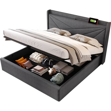Lit rembourré double avec rangement, coffre de lit, tête de lit avec chargement USB Type C, structure en lin, lit jeunesse 180x200 avec sommier à lattes (sans matelas) (1/5)