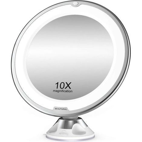 Grossissant Miroir Maquillage 10x avec Lumières LED 1 Joint à Bille d'attache Ajustable à 360° Miroir Cosmétique Portable, pour Salle de Bain, Voyage (1/5)