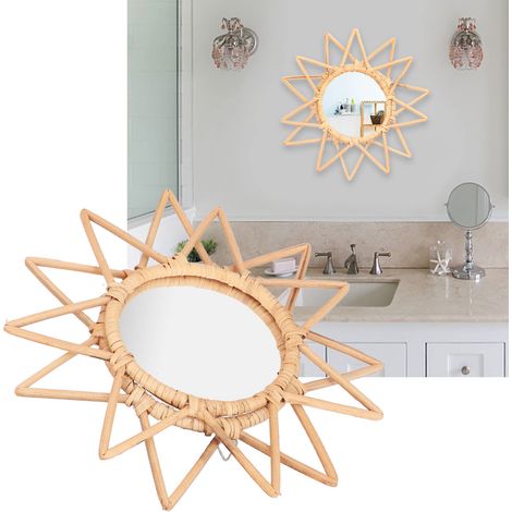 Miroir de Salle de Bain Rétro en Rotin, Décor Murale Innovante pour Dressing et Maquillage (1/5)