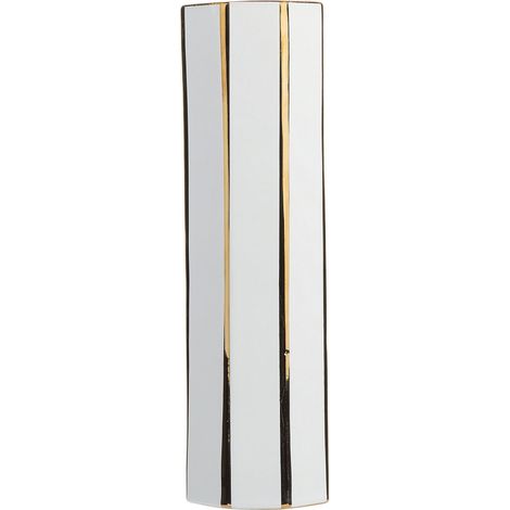 Beliani – Vase décoratif cylindrique en céramique blanche et dorée 40 cm – Design moderne et glamour – Support pour fleurs hautes