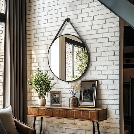 Black Round Wall Mirror Bathroom Bedroom Makeup Dressing Leather Strap Hanging Mirror - 70cm (1/5)