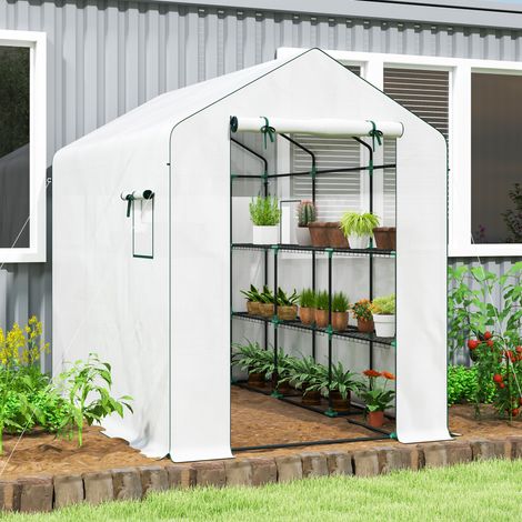 Serre de jardin de 3 m² avec étagères à 3 niveaux, polyéthylène renforcé 135 g/m² résistant aux UV, porte enroulable et fenêtre moustiquaire (1/5)