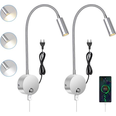 2pcs LED Wall Light, Bedside Reading Light with Switch, USB Charging Port, 3W 360° Swivel Bed Reader with Plug and Cable for Bedroom, 3000-6000K, Silver (1/5)