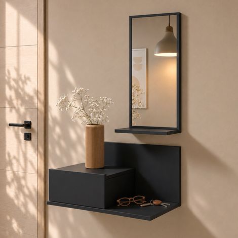 Flurmöbel mit Spiegel Garderobenset Dielenmöbel Hängend Wandschrank 1 Schublade Wandgarderobe Korridormöbel 60x85,5x30cm Schwarz Modell Isabela