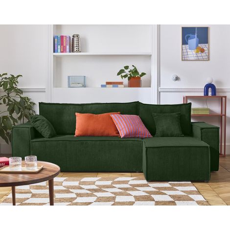 Bestmobilier – Canapé d'angle réversible 4 places convertible avec coffre – Velours côtelé vert – Dimensions L244xH83xP145 cm – Couchage 125x200 cm